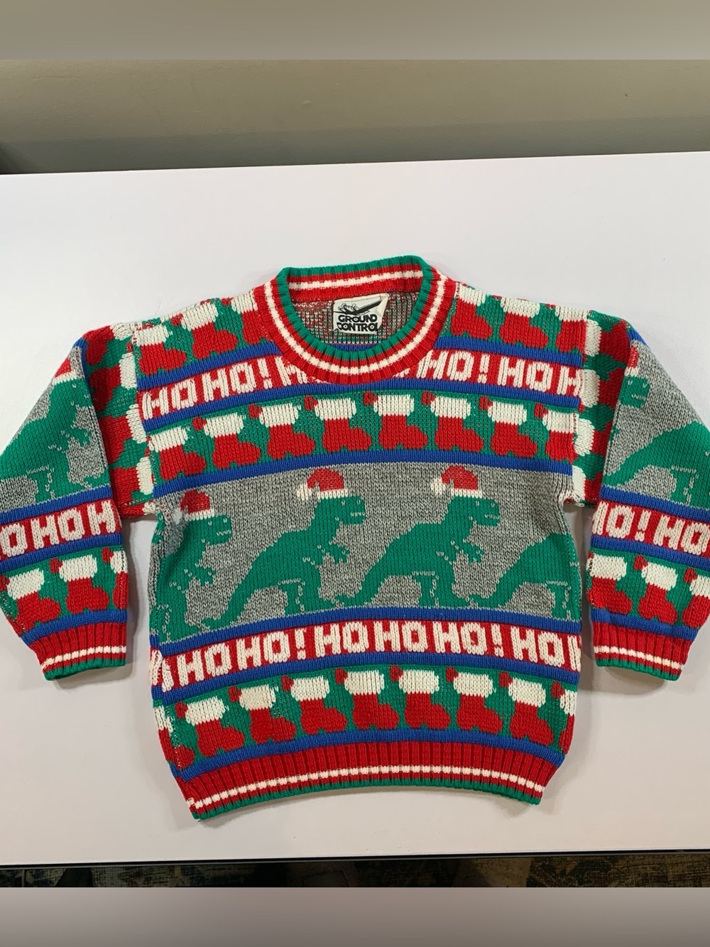 Vintage 90s Ground Control Ugly Christmas Sweater Kids Small 4 Dinosaur T-Rex